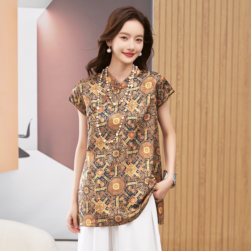 Beading - Women's Blouse Short Sleeve Round Neck