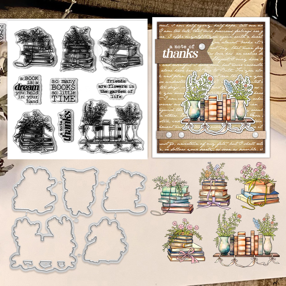 Clear Silicone Stamps For Card Making - Potted Flowers And Books Cutting Dies