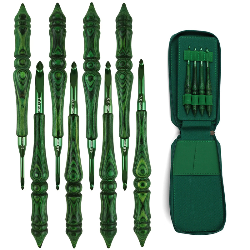 Wooden Crochet Hooks Ergonomic Handle - 8Pcs 3.0-7.0mm Crochet Hook Set Green