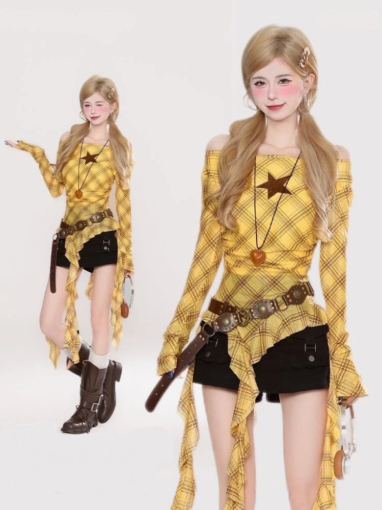 Y2K Plaid Slash Neck Vintage T - Embroidery recension och pris